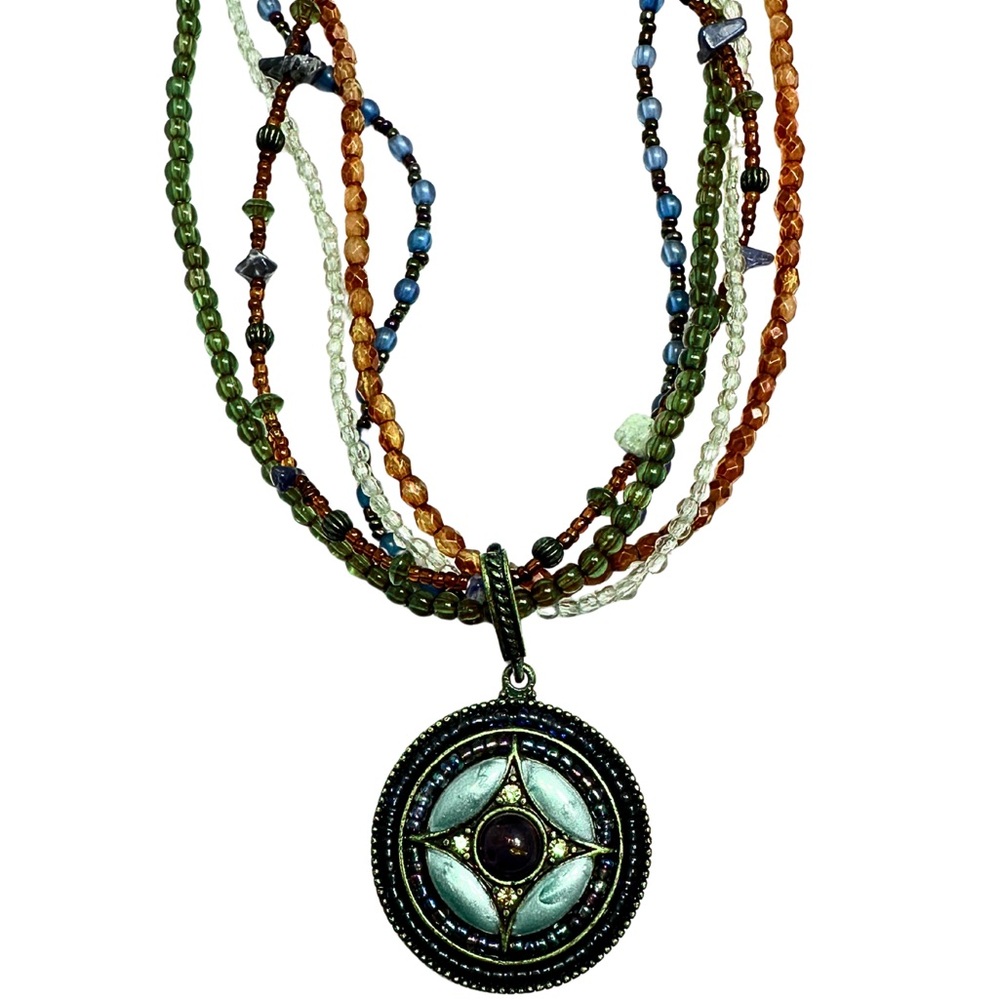 Vintage Avon Beaded 5 Strand Boho Southwestern Blue Pendant Choker Necklace